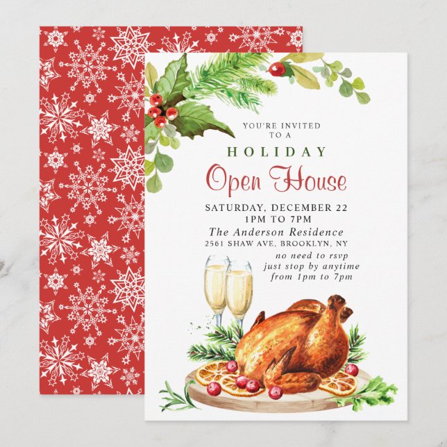 Festive Holly Berry Christmas Holiday Open House Invitation (Front/Back)
