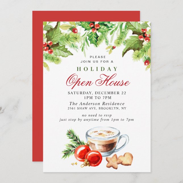 Festive Holly Berry Christmas Holiday Open House Invitation (Front/Back)