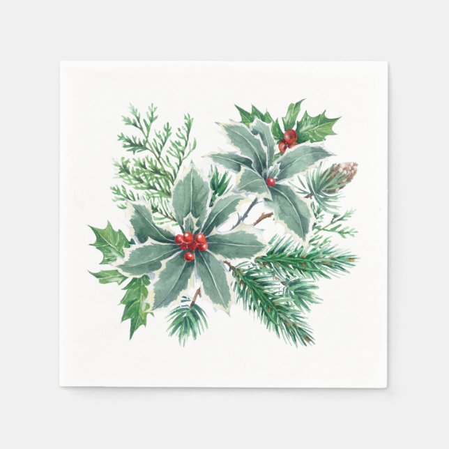 Festive Holly Berry Christmas Holiday Party Napkins (Front)