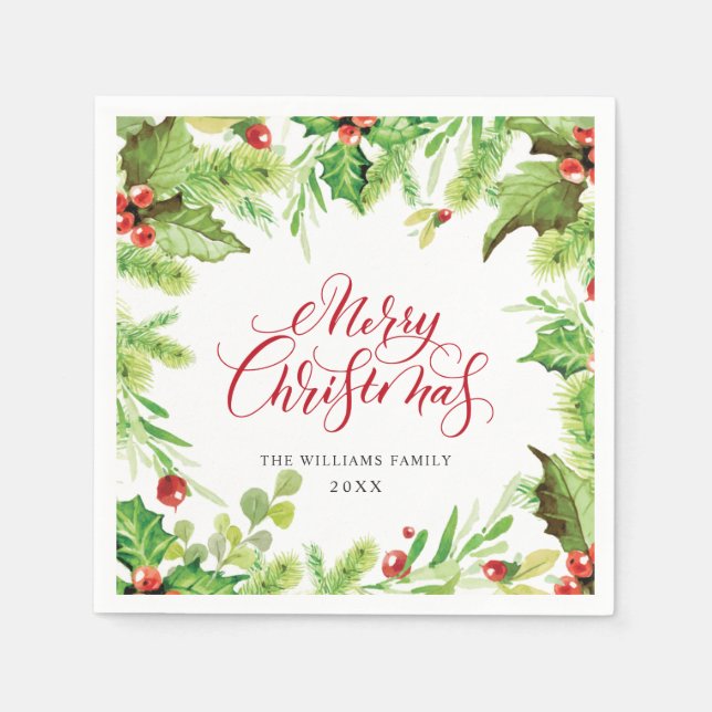 Festive Holly Berry Christmas Holiday Party Napkins (Front)