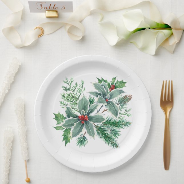 Festive Holly Berry Christmas Holiday Party Paper Plates (Wedding)