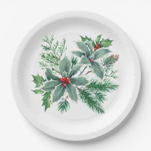 Festive Holly Berry Christmas Holiday Party Paper Plates