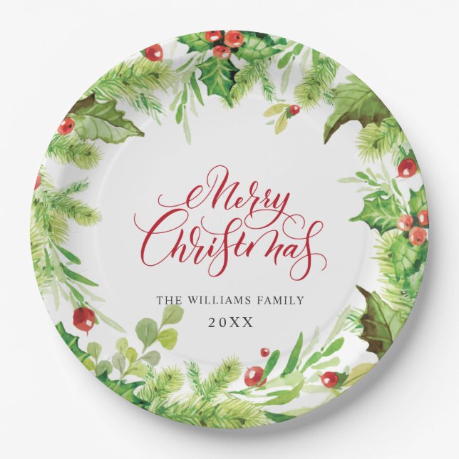 Festive Holly Berry Christmas Holiday Party Paper Plates (Front)