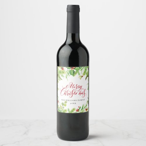 Festive Holly Berry Christmas Holiday Party Wine Label