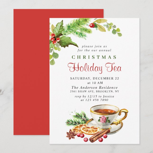 Festive Holly Berry Christmas Holiday Tea Party Invitation (Front/Back)