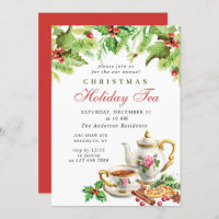 Festive Holly Berry Christmas Holiday Tea Party Invitation