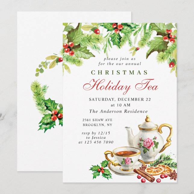 Festive Holly Berry Christmas Holiday Tea Party Invitation (Front/Back)