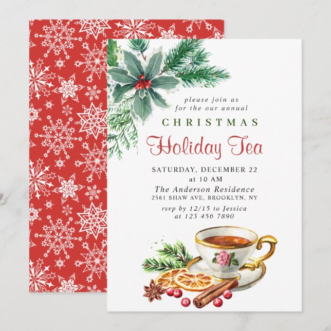 Festive Holly Berry Christmas Holiday Tea Party Invitation (Front/Back)