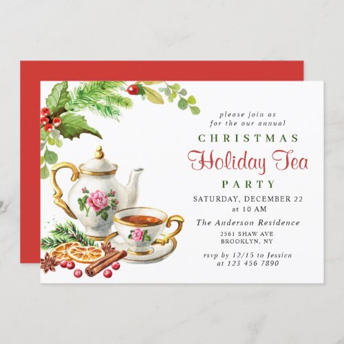 Festive Holly Berry Christmas Holiday Tea Party Invitation
