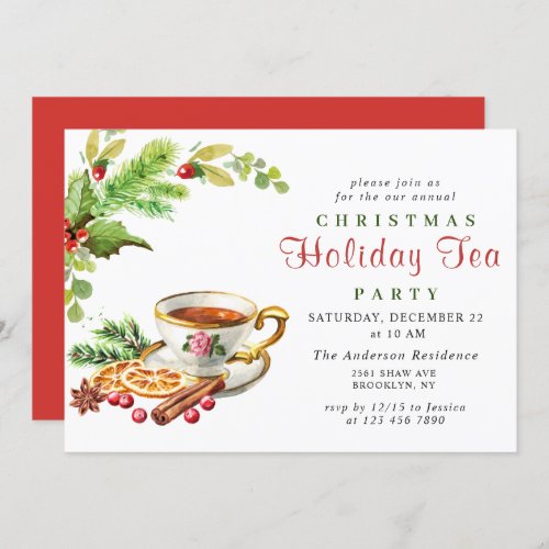 Festive Holly Berry Christmas Holiday Tea Party Invitation