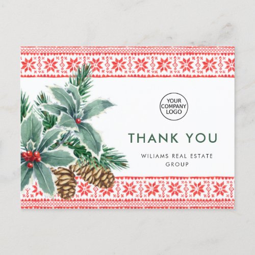 Festive Holly Berry Christmas Holiday Thank You Postcard