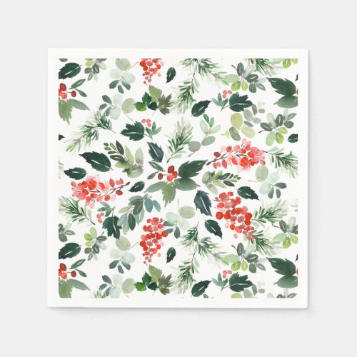 Festive Holly Berry Christmas Tree Holiday Party Napkins