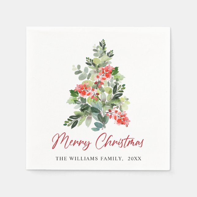 Festive Holly Berry Christmas Tree Holiday Party Napkins (Front)