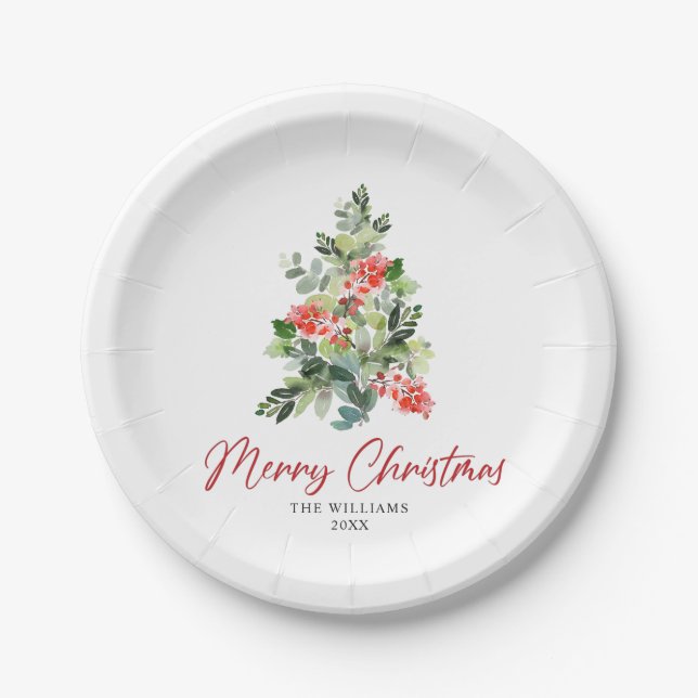 Festive Holly Berry Christmas Tree Holiday Party Paper Plates (Front)