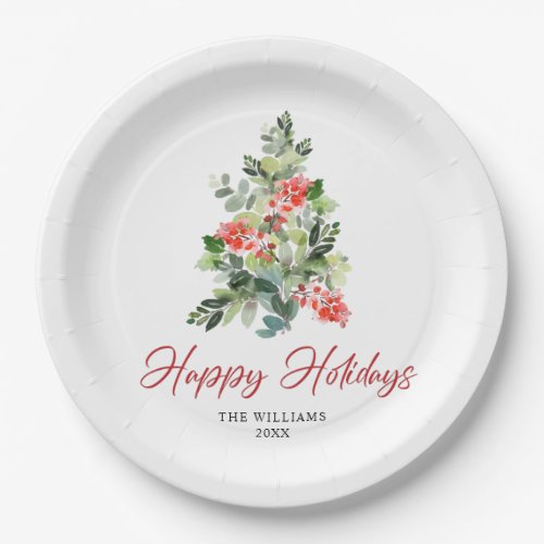 Festive Holly Berry Christmas Tree Holiday Party Paper Plates