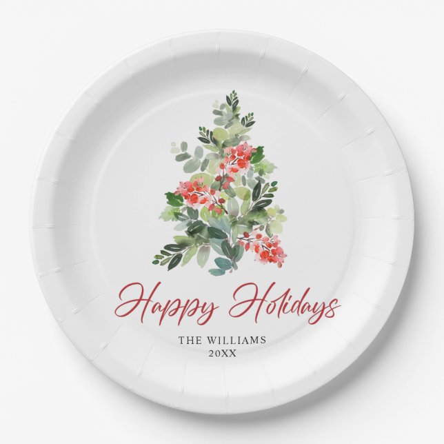 Festive Holly Berry Christmas Tree Holiday Party Paper Plates (Front)