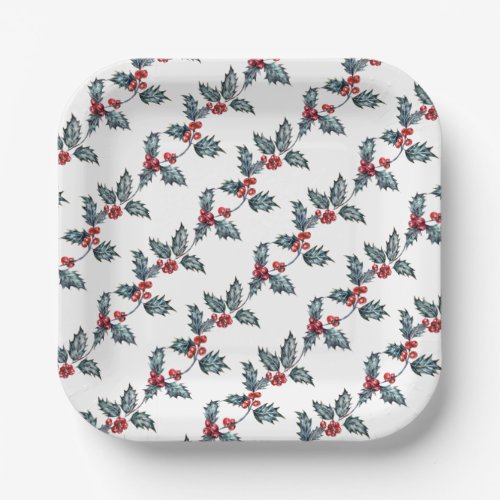 Festive Holly Berry Christmas Tree Holiday Party Paper Plates