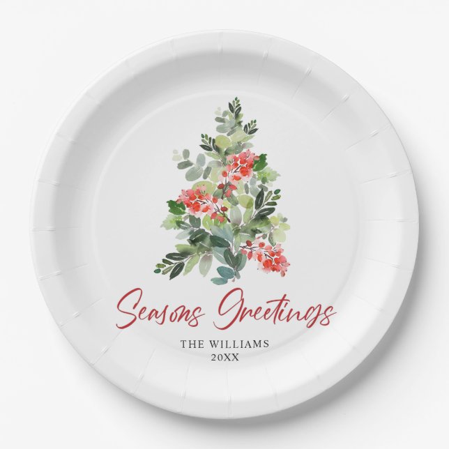 Festive Holly Berry Christmas Tree Holiday Party Paper Plates (Front)