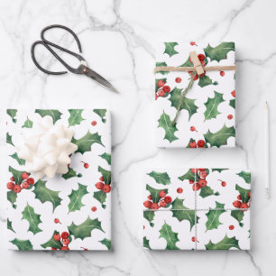 Festive Holly Berry Christmas Wrapping Paper Sheets