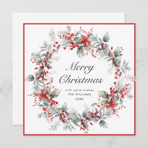 Festive Holly Berry Christmas Wreath Boho Holiday Card