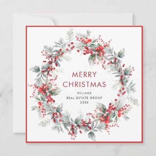 Festive Holly Berry Christmas Wreath Corporate  Holiday Card