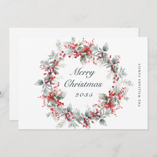 Festive  Holly Berry Christmas Wreath Holiday Card