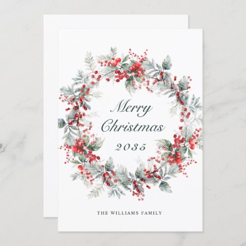 Festive  Holly Berry Christmas Wreath Holiday Card