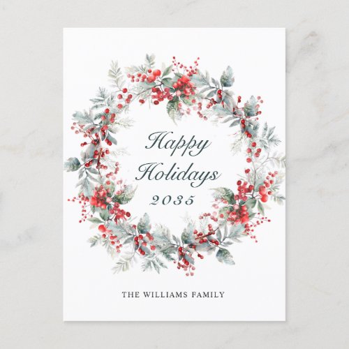 Festive  Holly Berry Christmas Wreath Holiday Postcard
