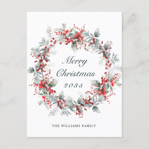 Festive  Holly Berry Christmas Wreath Holiday Postcard
