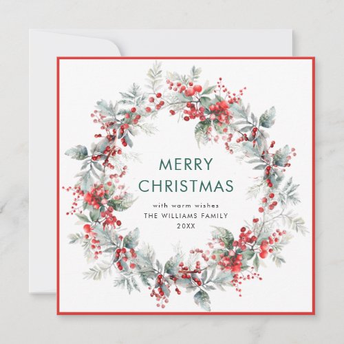 Festive Holly Berry Christmas Wreath Modern Holiday Card