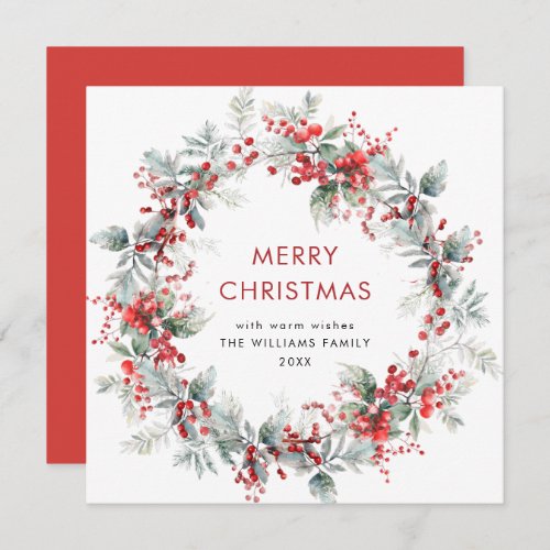 Festive  Holly Berry Christmas Wreath Rustic Holiday Card