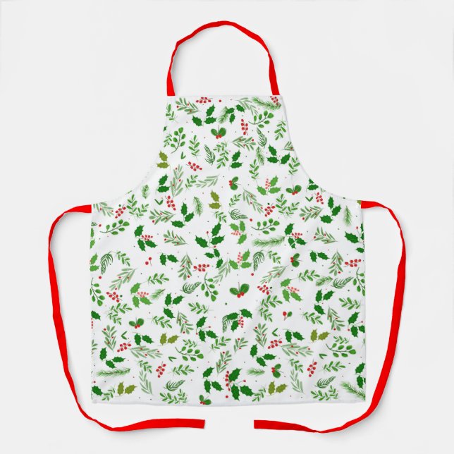 Festive Holly Berry Greenery Holiday Print Apron (Front)