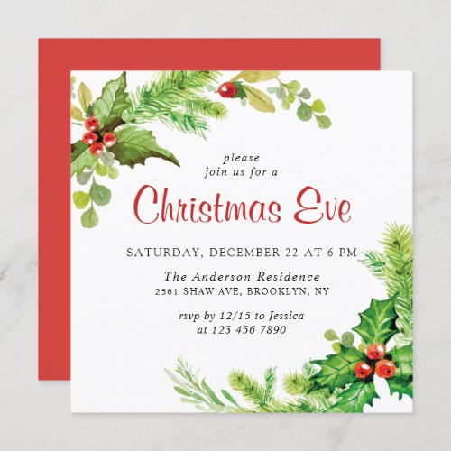 Festive Holly Berry Holiday Christmas Eve Party Invitation