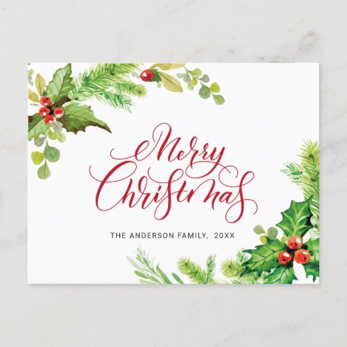 Festive Holly Berry Merry Christmas Holiday Postcard