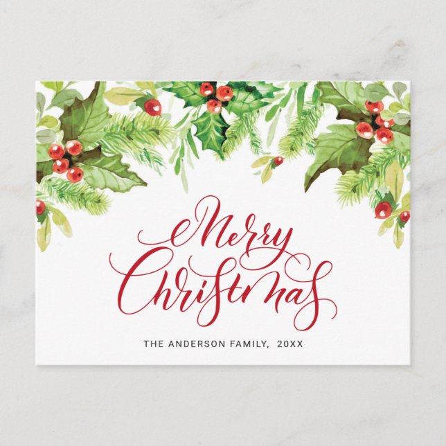 Festive Holly Berry Merry Christmas Holiday Postcard (Front)