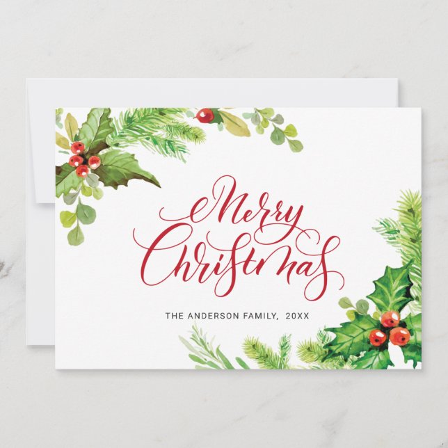 Festive Holly Berry Mistletoe Christmas Greeting Holiday Card (Front)