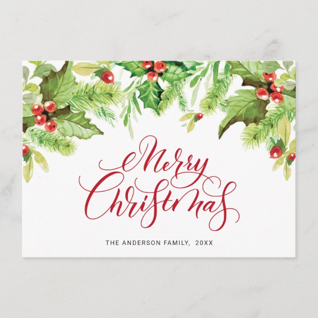 Festive Holly Berry Mistletoe Christmas Greeting Holiday Card (Front)