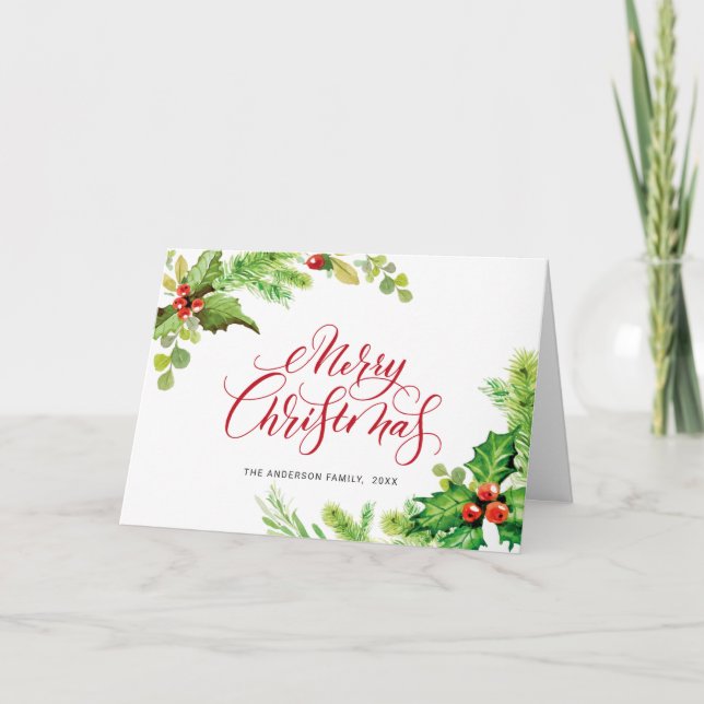Festive Holly Berry Mistletoe Christmas Greeting Holiday Card (Front)