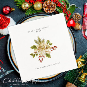Festive Holly Berry Ornament Merry Christmas Napkins