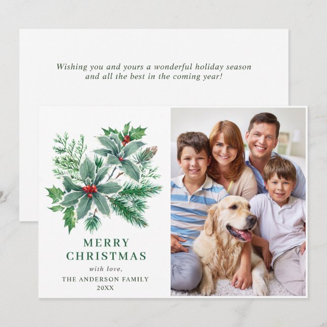 Festive Holly Berry PHOTO Christmas Greeting Holiday Card (Front/Back)