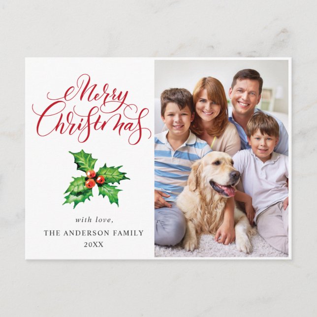 Festive Holly Berry PHOTO Christmas Greeting Holiday Postcard (Front)