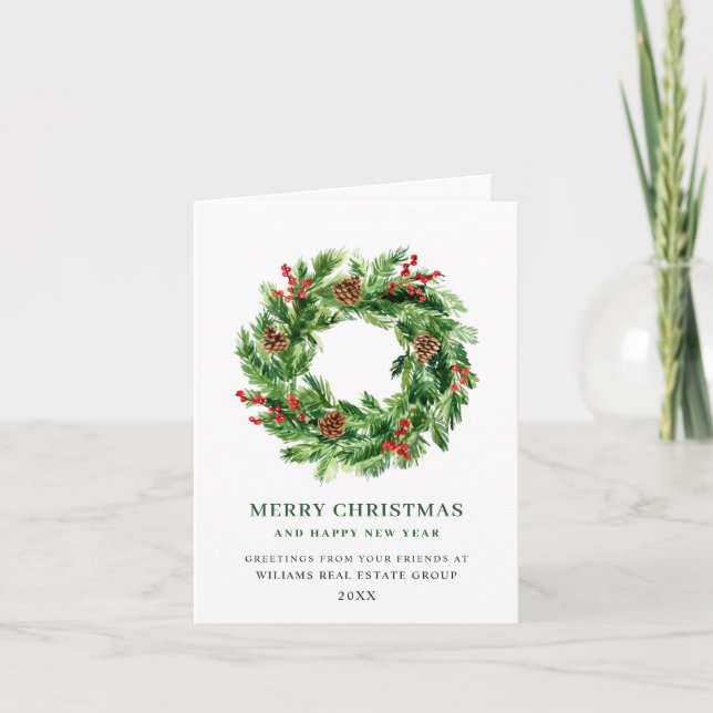 Festive Holly Berry Pine Cones Wreath Christmas Holiday Card (Front)