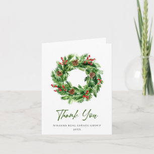 Festive Holly Berry Pine Cones Wreath Christmas Letterpress Thank You Card
