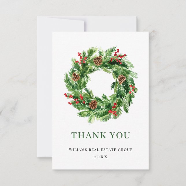 Festive Holly Berry Pine Cones Wreath Christmas Thank You Card (Front)