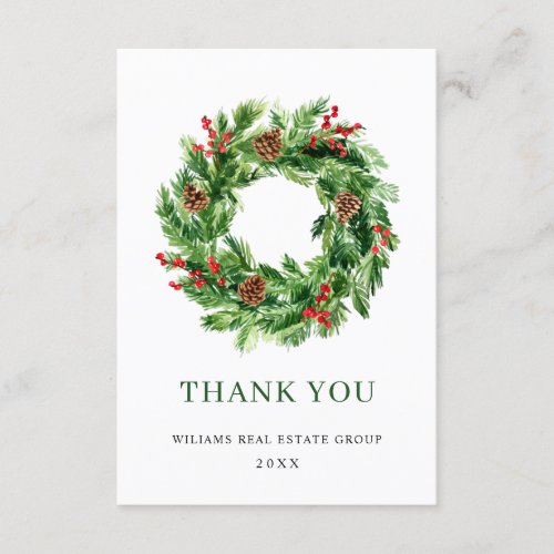 Festive Holly Berry Pine Cones Wreath Christmas Thank You Card