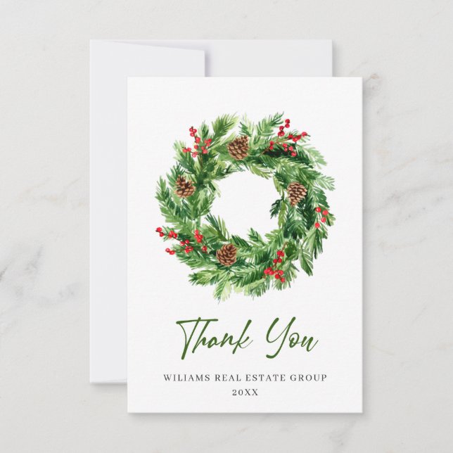 Festive Holly Berry Pine Cones Wreath Christmas Thank You Card (Front)