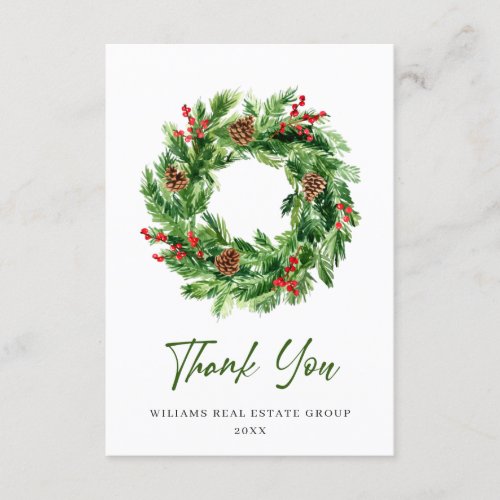 Festive Holly Berry Pine Cones Wreath Christmas Thank You Card