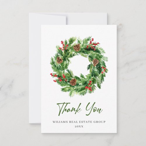 Festive Holly Berry Pine Cones Wreath Christmas Thank You Card