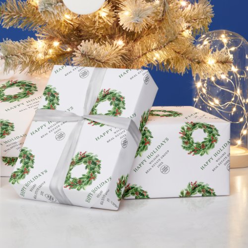 Festive Holly Berry Pine Cones Wreath Christmas Wrapping Paper