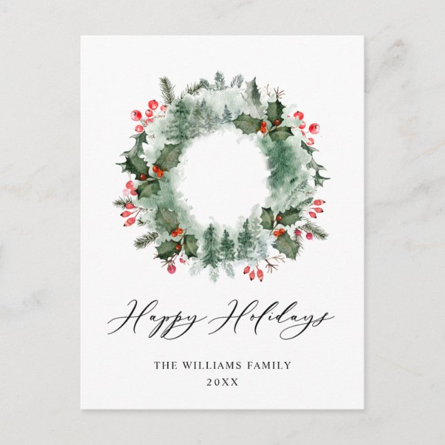 Festive Holly Berry Pine Forest Wreath Christmas Postcard (Front)